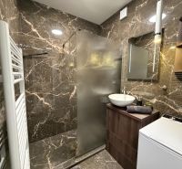 A bathroom with stone tiles, a shower corner, and a washing machine in a 2-room apartment.