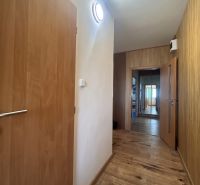 A hallway in a 3-room apartment with a wooden decor floor and wooden doors.