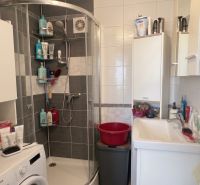 A bathroom with a shower, sink, washing machine, and shelf in a 3-room apartment.
