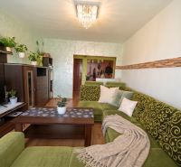 Living room of a three-room apartment with a wooden decor floor, a green sofa, and a table.