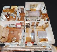 3D floor plan of a 4-room apartment with wood-decor flooring and furnished rooms.
