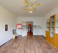 Living room of a 4-room apartment with furniture, wood-patterned flooring, and a fan.