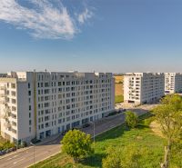 Apartment buildings on Labutia Street in Bratislava – Petržalka, surrounded by fields and greenery.