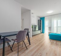A bright living room with wood-patterned flooring, a turquoise sofa, and a dining table.