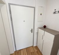 Entrance hallway in a 2-room apartment with a wooden decor floor and modern furniture.