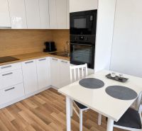 A kitchen in a 2-room apartment with white cabinets and a wood-patterned floor.