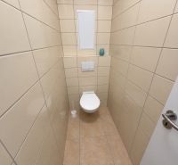 A toilet in a 2-room apartment with beige tiles and a wall-mounted toilet.