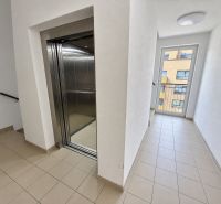 Hallway with an elevator in a residential building, light walls, tiled floor.