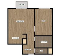 Floor plan of a 2-room apartment with wood-patterned flooring and a balcony.