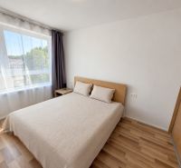 Bright bedroom with wood-patterned flooring and a large window in a two-room apartment.