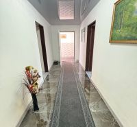 A hallway in a family house with a marble floor, a carpet, and a decorative vase.