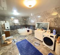 A bathroom in a family house with a bathtub, washing machine, and dark-colored tiles.