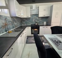 A kitchen in a family house with an elegant marble wall and modern equipment.