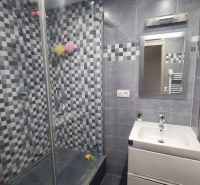 Bathroom with tiles and a shower in a 2-room apartment.