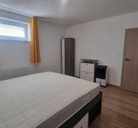 Bedroom in a 2-room apartment with wood-patterned flooring and storage space.