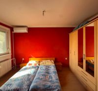 Bedroom with a red wall, wood-patterned flooring, wardrobe, and air conditioning in a 3-room apartment.