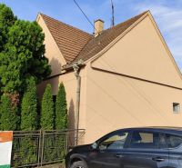 A family house in Krušovce, light facade, sloped roof, car, ornamental trees.