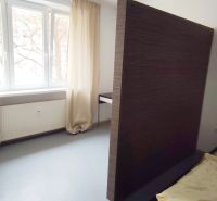 A bright bedroom in a two-room apartment with a window and curtains, a radiator, and a bed.