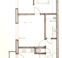 Floor plan of a 2-room apartment with a bathroom and kitchen. Signature of a verified association member.