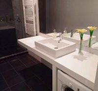 Bathroom with black floor, sink, and washing machine in a 2-room apartment.