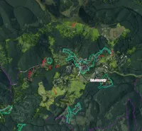 Aerial map of agricultural and forest lands near Donovaly surrounded by dense forests.