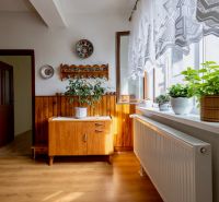 Interior of a family house with houseplants, wooden decor, and decorative plates on the wall.