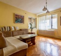 Living room in a family house with a sofa, paintings, and a wooden-patterned floor.
