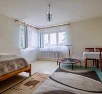 A bedroom in a family house with a bed, table, chairs, and a trampoline.