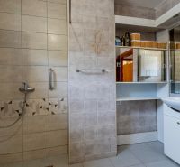 Bathroom with tiles, shower, and sink in a family house.