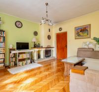 Living room with a sofa, fireplace, bookshelf, and wooden floor decor in a family house.