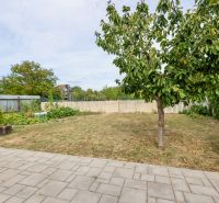 The garden of a family house on Topolianska Street in Michalovce with paving and a tree.