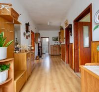 A hallway of a family house with a wooden decor floor, furniture, and plants.