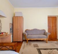 Living room in a family house with a sofa, a wardrobe, and a floor with a wooden decor.
