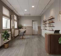 Interior of commercial premises with a counter, decorative shelves, and a wooden decor floor.