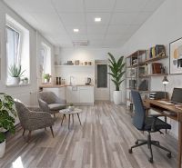 Bright commercial space with wood-patterned flooring, comfortable chairs, and shelves full of books.