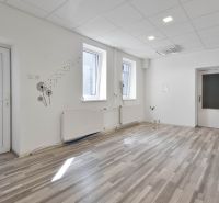 Commercial spaces with wood-patterned flooring and wall decorations.