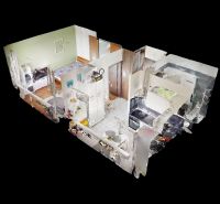 3D floor plan of a one-room apartment includes a wooden decor floor and furnishings.