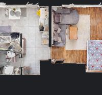 Floor plan of a 1-bedroom apartment with a kitchen, living room, bathroom, and wooden decor flooring.