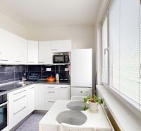 A kitchen in a studio apartment with white furniture, black tiles, and large windows.