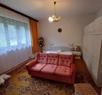 Living room in a family house with a sofa, carpet, and wall cabinet.