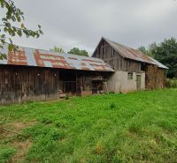 A family house in Drnava with a metal roof and neglected surroundings on the property.