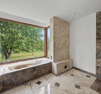 Family house bathroom with a large window and a view of the garden.