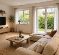 Living room with a comfortable sofa, table, and TV, family house.