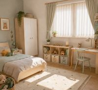 Children's room in a family house with a bed, a desk, and toys on the floor with a wooden decor.