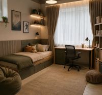 Interior of a family house with a bed, a writing desk, and decorative lighting.