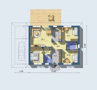 Floor plan of a family house with four rooms and a covered terrace.