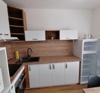 A kitchen in a studio apartment with a wooden decor floor and an open refrigerator.