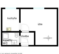 The floor plan of a one-room apartment includes a kitchen, a bathroom with a toilet, and a hallway.