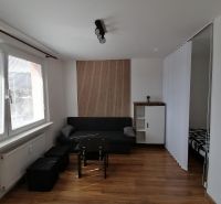 Living room with a sofa, table, and wooden decor flooring in a studio apartment.
