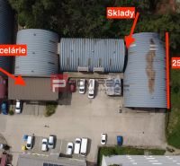 The image shows offices and warehouses on Elektrárenská, Bratislava III from a bird's eye view.